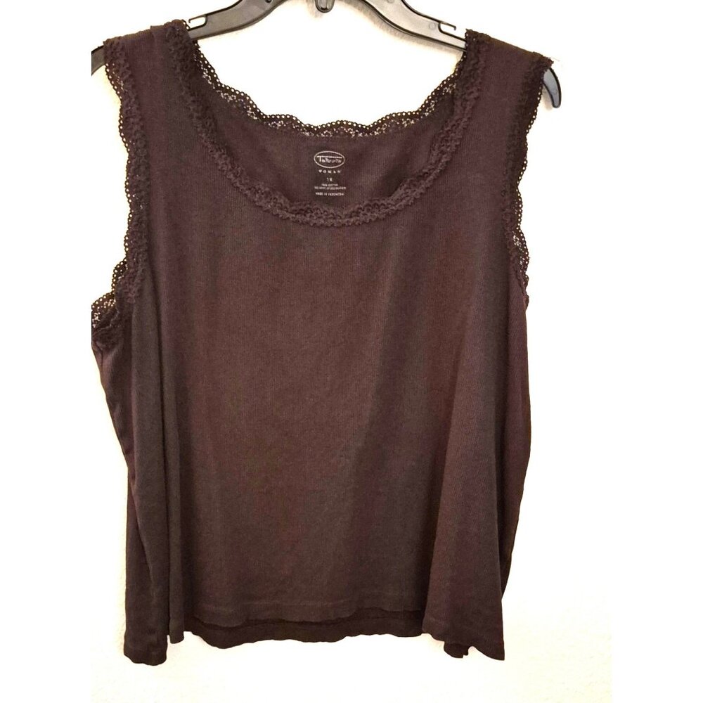 Talbots Chocolate Brown Lace Trimmed 100% Cotton Sleeveless Ribbed Top 1X EUC
